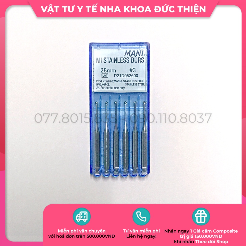 Mũi nạo ngà Mani - Mani Mi Stainless Burs (Vỉ 6 trâm) - Vật tư nha khoa chính hãng