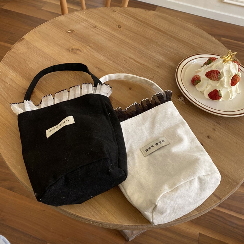 Yadou Túi Xách Vải canvas Hình Xô In Chữ Phối Ren Thời Trang Hàn Quốc Cho Nữ