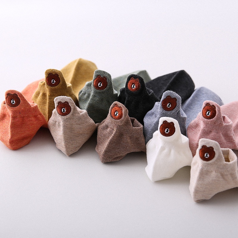 Vớ Thuyền Miệng Nông Thêu Họa Tiết Đầu Gấu Hoạt Hình Thời Trang Xuân Hè Cho Nữ