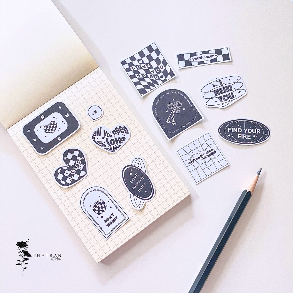 Bộ 27 sticker cute họa tiết bàn cờ caro trắng đen / checkerboard sticker pack / thetranstudio