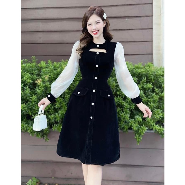 [11.11 Sale Freeship] Đầm thiết kế thời trang nữ đi tiệc,đầm đen tay phối trắng dài cổ tròn khoét ngực xiêu xinh mtb