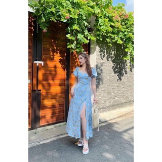 (Hình mẫu và sàn thật 100%)  ĐẦM XANH NỀN HOA CỔ VUÔNG XẺ CAO 💞