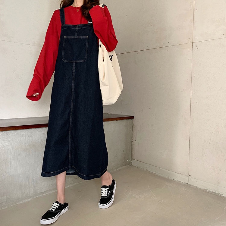 Váy Yếm Denim Dáng Dài Xẻ Tà Thời Trang Thu Đông Phong Cách Hàn Quốc Mới Cho Nữ