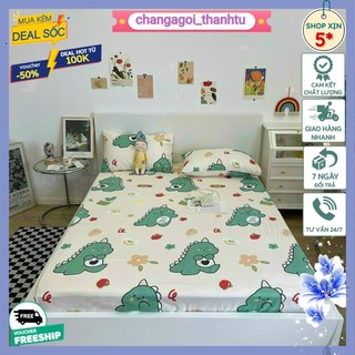 Bộ ga gối ga giường bo chun kèm 2 áo gối Cotton Poly 1m2 1m6 1m8 Drap Giường 4 mùa, mẫu khủng long trắng