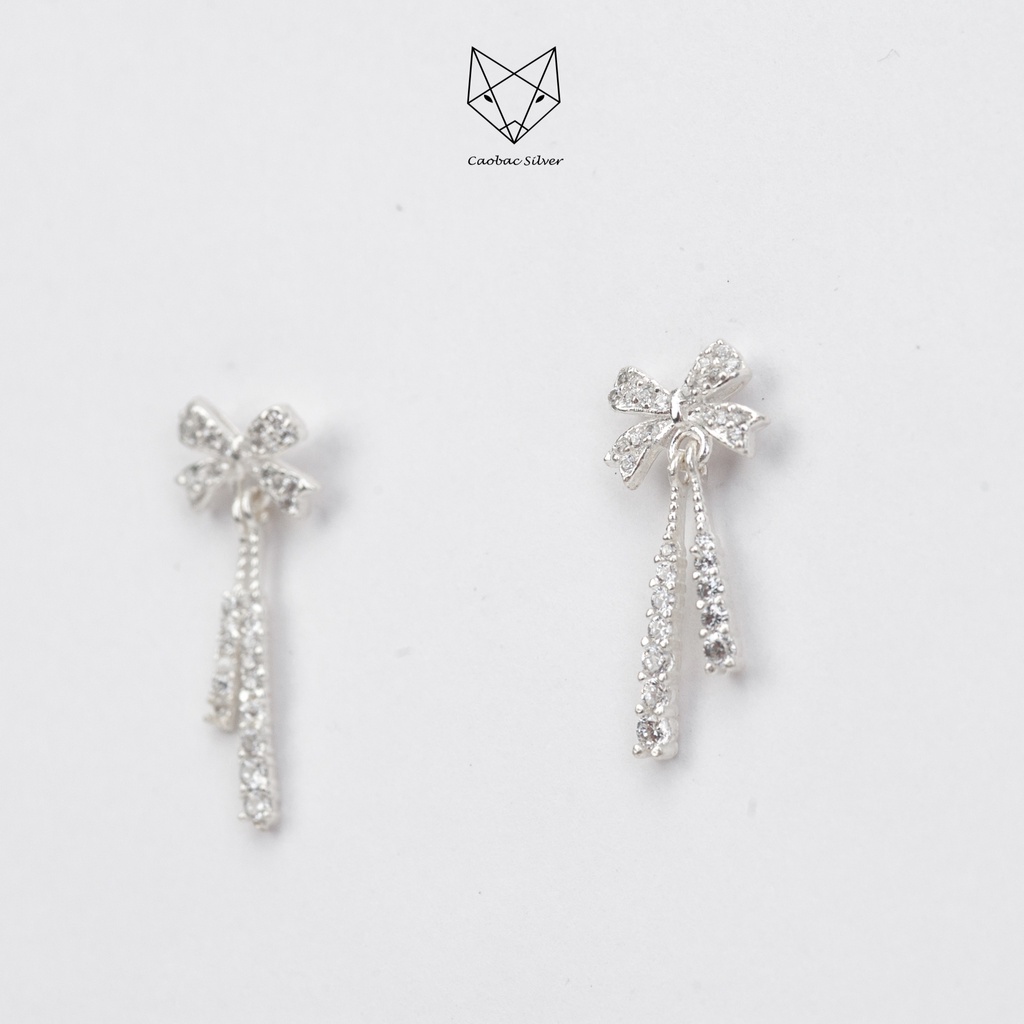 Khuyên Tai Bạc Ta Nữ CaoBac Silver Hình Nơ Sợi Đá Dài Đá Ngắn Đính Đá Lấp Lánh Xinh Xắn, Dễ Thương Món Quà Cho Bạn Nữ