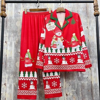 ❤️pijama dài dài màu đỏ hoạ tiết giáng sinh lụa xước hàng quảng châu cao cấp ạ🥰