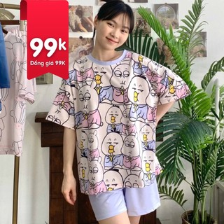 Pijama bộ đồ ngủ, bộ đồ nữ mặc nhà chất liệu cotton cộc tay áo phông, quần đùi - Poohouse BN-THỎ NGER