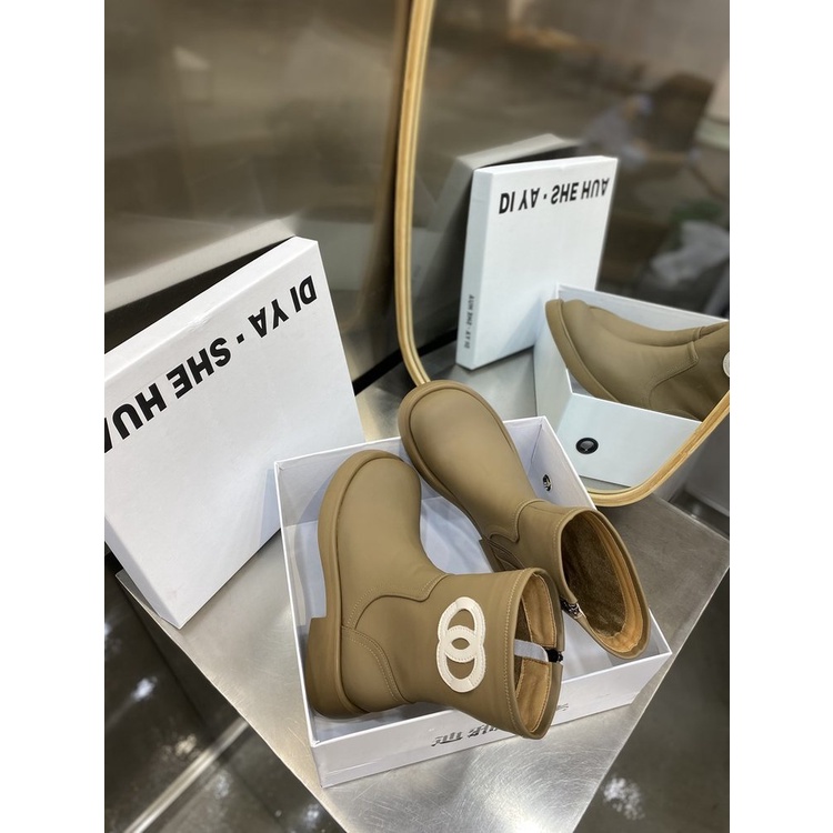 Giày Bốt Lót Lông Cừu Cổ Thấp Mũi Tròn Phối Khóa Kéo Bên Hông Ấm Áp Thoải Mái Thời Trang