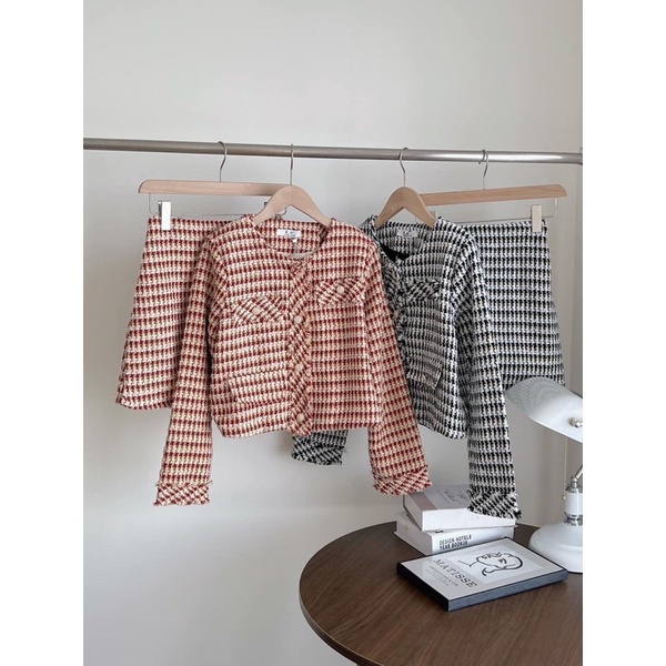 Set chân váy + áo dạ . Vải tweed có lớp lót bên trong