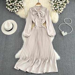 #2342 [Order] Đầm tay dài tiểu thư thắt nơ xếp ly 3 màu freesize