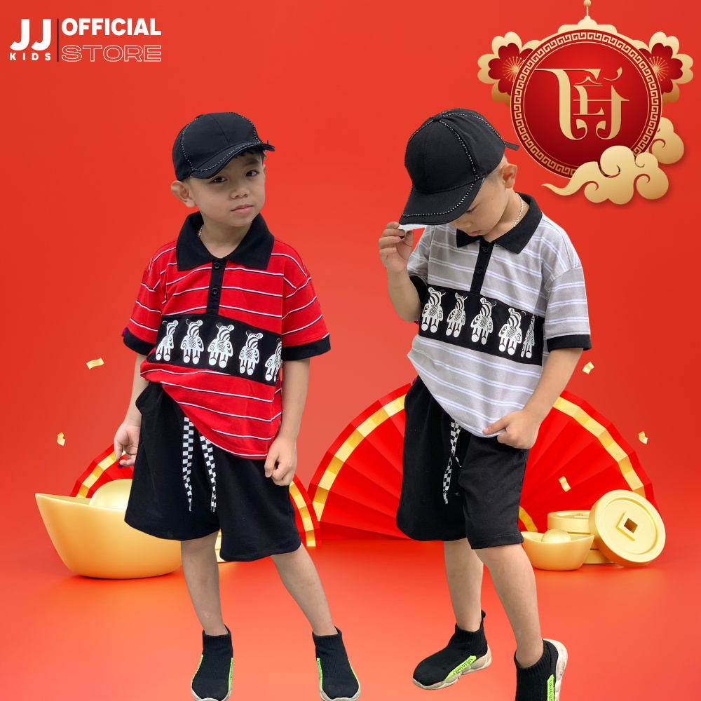 Bộ quần áo polo thời trang bé trai cotton sọc in hình cá tính, thoáng mát - JJ Kids