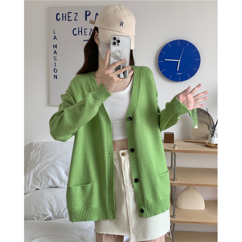 Áo Khoác Cardigan Dệt Kim Dáng Rộng Màu Sắc Vintage