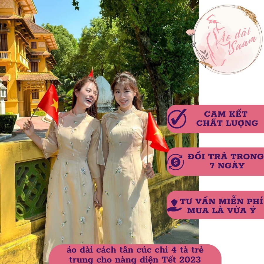 Áo dài cúc chi cách tân may sẵn voan tơ thêu 4 tà cao cấp siêu đẹp cho nàng diện Tết 2023 giá rẻ saam