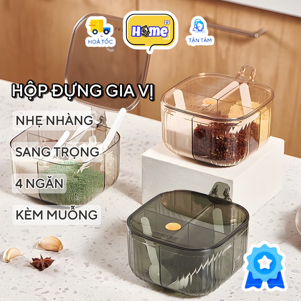 Hộp đựng gia vị 4 ngăn trong suốt kèm muỗng hình vuông Màu hổ phách/ xám
