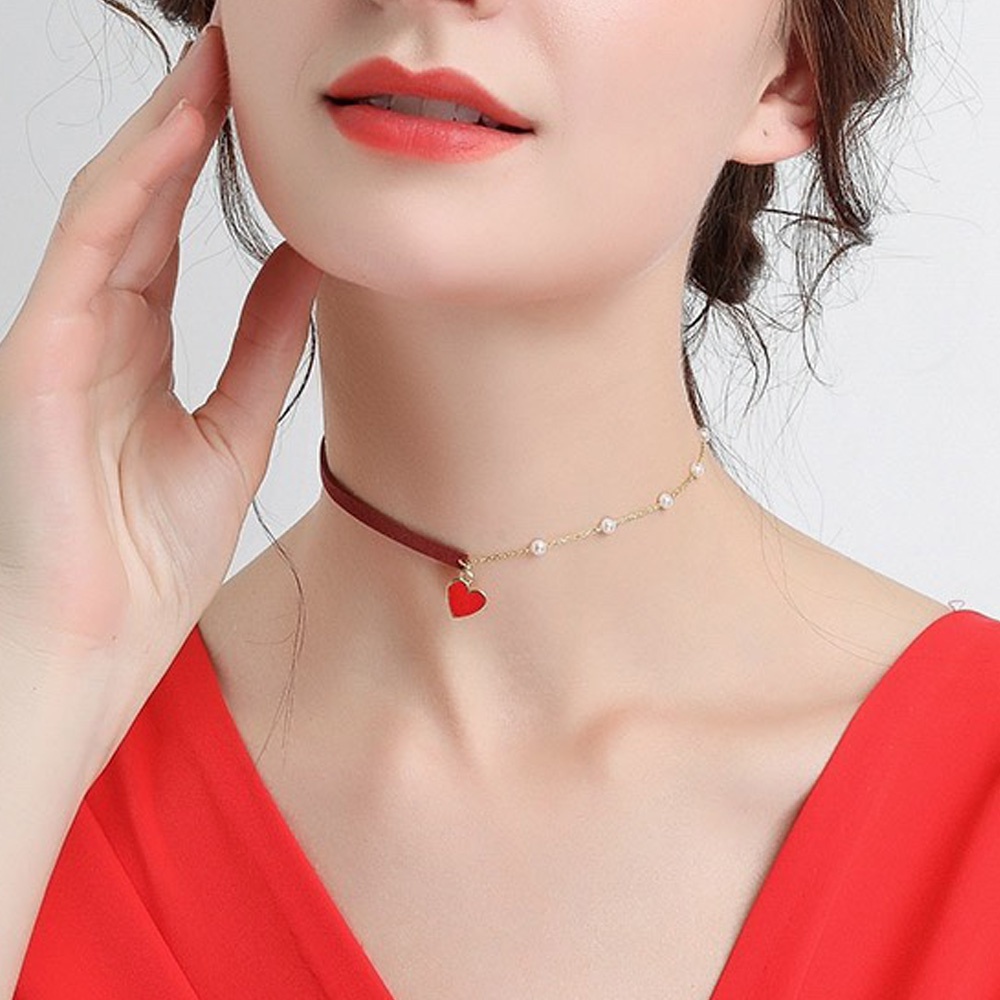Vòng Cổ Ngọc Trai Giả Mặt Trái Tim Đỏ Thời Trang Cho Nữ