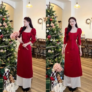 Áo dài cách tân nữ, Áo dài cổ vuông đỏ tay phồng có size may sẵn mặc tết đẹp chất lụa co giãn thiết kế cách điệu