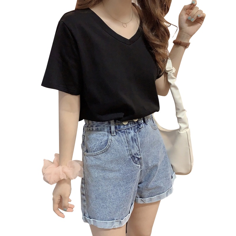 Áo Thun Tay Ngắn Cổ Chữ V Màu Sắc Đơn Giản Dành Cho Nữ