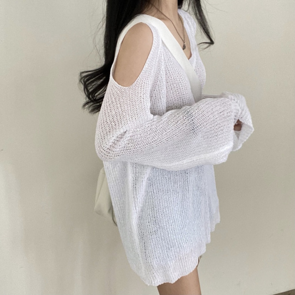 Áo Dệt Kim Trễ Vai Cổ Chữ V Dáng Rộng Màu Sắc Đơn Giản Phong Cách Hàn Quốc Cho Nữ