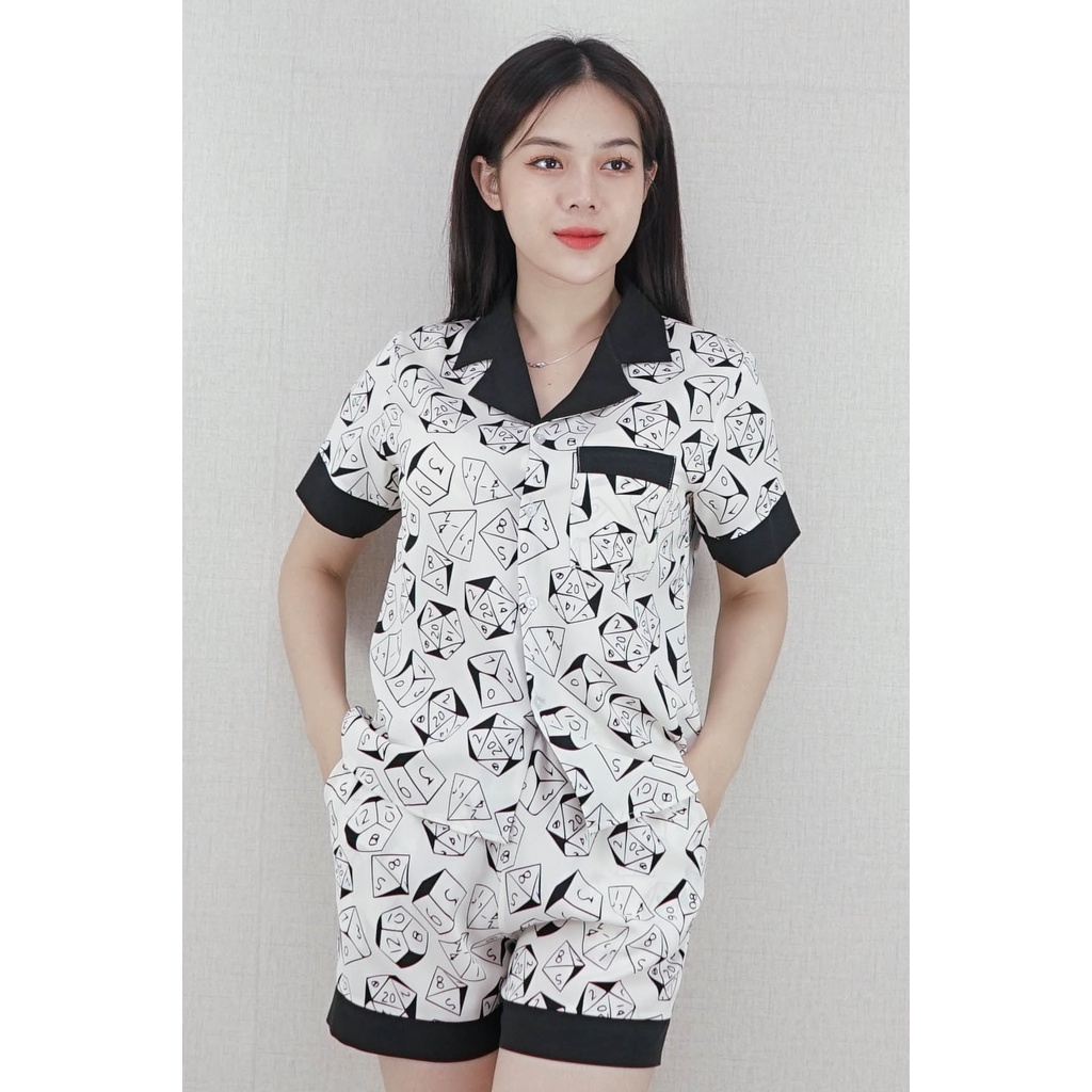 Bộ đồ Pijama nữ Quần ngắn tay ngắn TRẮNG Ô VUỒNG ĐEN PHA CỔ ĐEN - vải lụa nhật cao cấp - sang chảnh