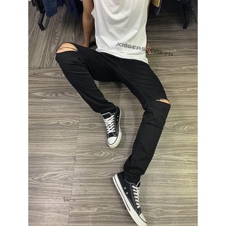 Quần jean nam đen cao cấp màu đen trơn rách gối form slimfit jean co giãn