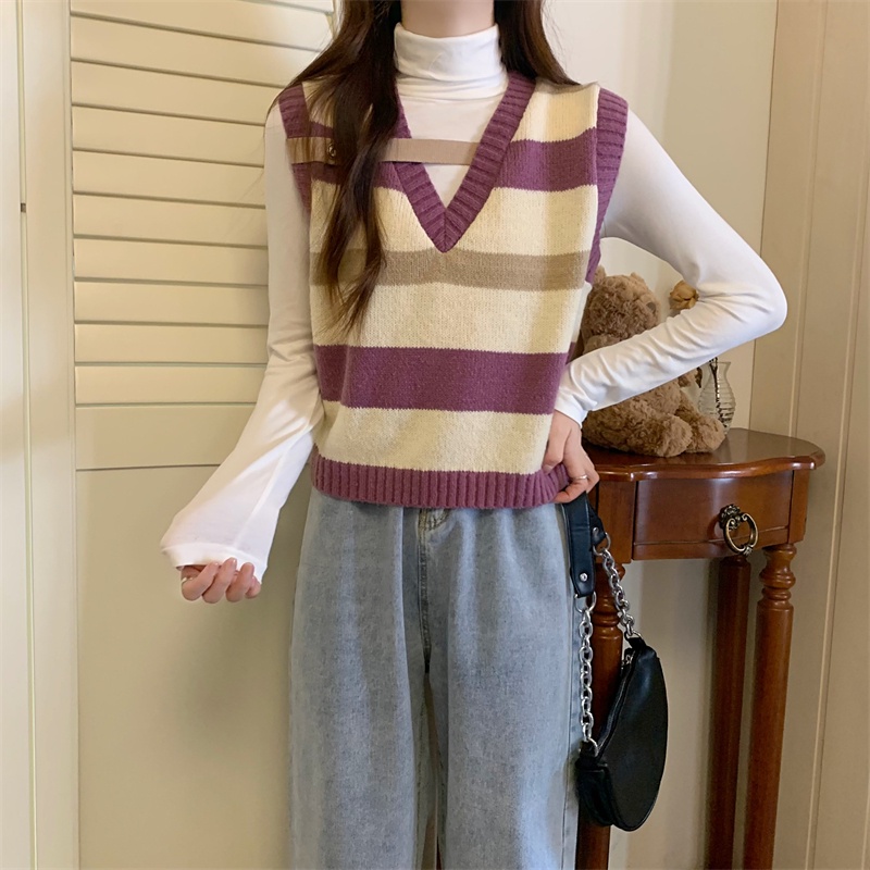 Đầm Dệt Kim Sát Nách Hoạ Tiết Kẻ Sọc Thiết Kế Cổ Chữ V Thời Trang Mùa Thu