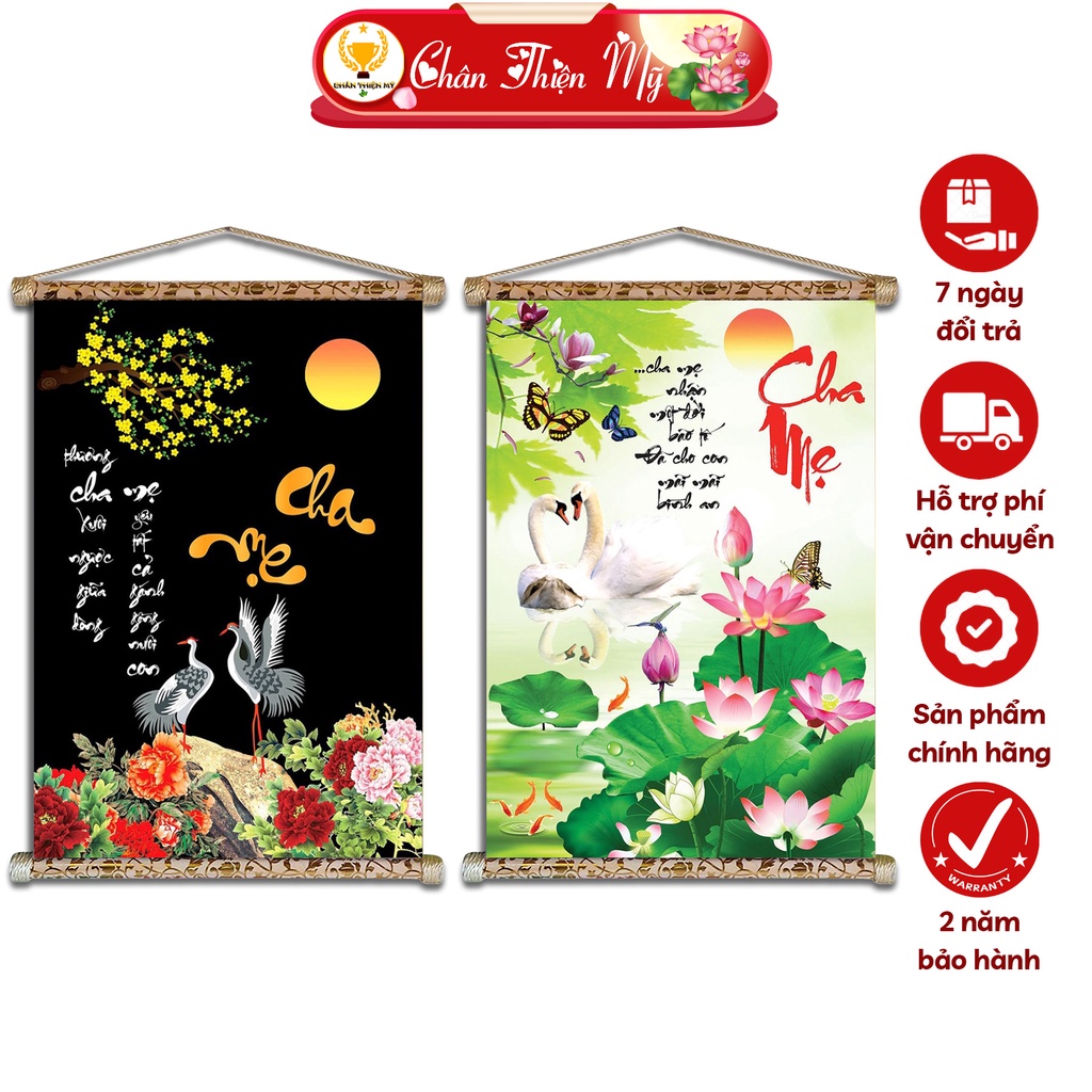 Tranh Thư Pháp Treo Tường Cha Mẹ CHÂN THIỆN MỸ, Chất Liệu Vải Lụa Kim Sa Khung Gỗ 40x60cm CTHPH-01