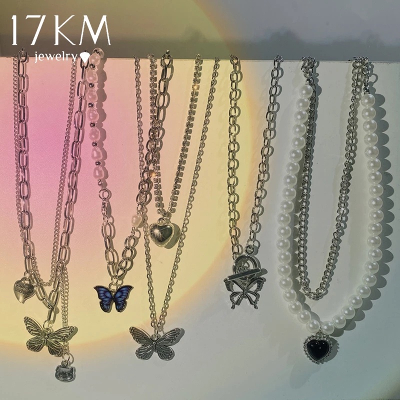 Vòng cổ 17KM Y2K mạ bạc mặt trái tim đính đá pha lê thời trang cho nữ nhiều kiểu dáng lựa chọn