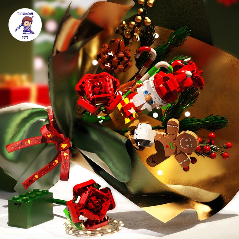 Đồ Chơi Lắp Ráp Giáng Sinh Noel Mô Hình Bó Hoa Giáng Sinh Phát Nhạc Có Ông Già Tuyết Hoa Hồng Cookie 605026