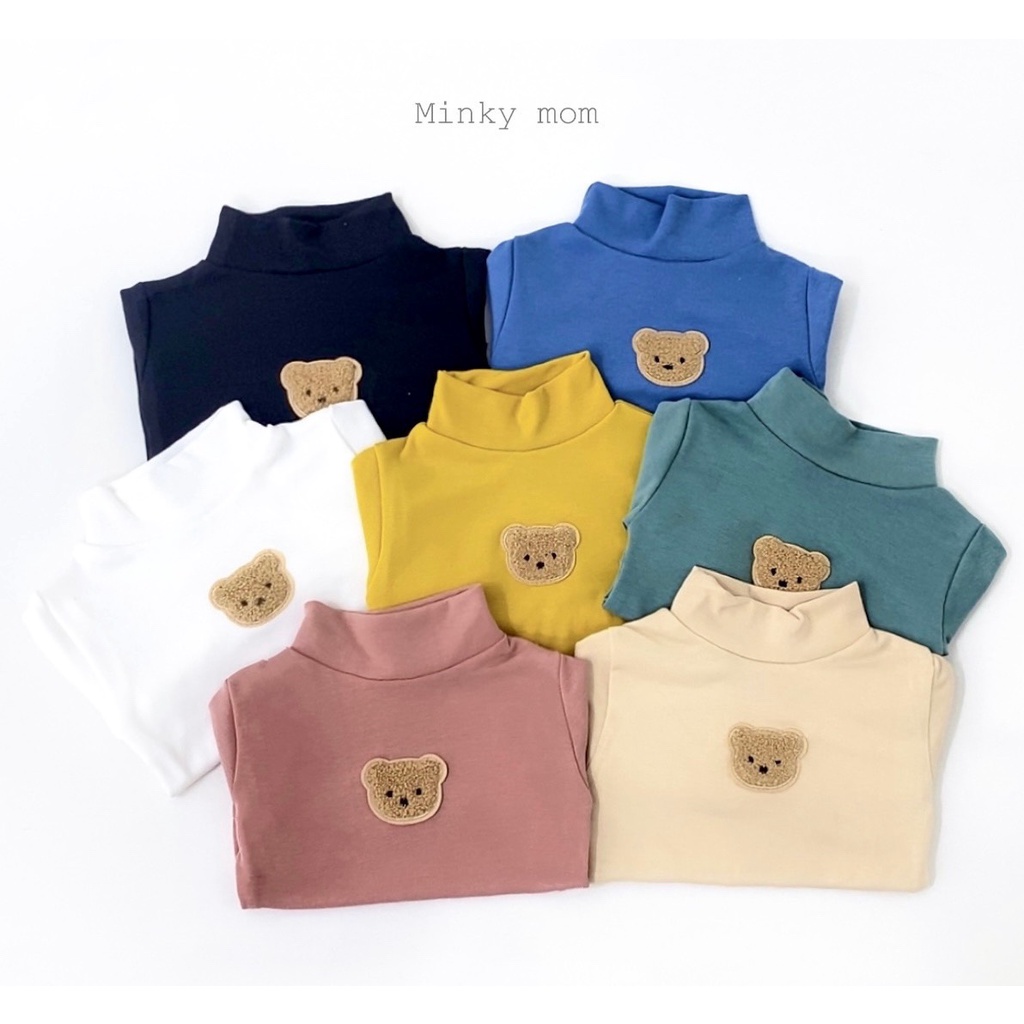 [SALE] Áo Dài Tay Bé Gái, Bé Trai Minky Mom Vải Thun Gân Cổ Cao 5P Thêu Gấu, Áo Thun Cho Bé Mặc Nhà Thu Đông KWAD2205