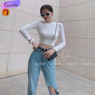 Áo croptop tay dài cổ tròn basic dễ phối đồ
