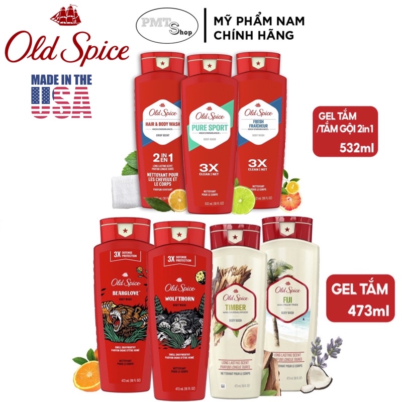 Sữa tắm gội nam 2in1 Gel Old Spice 532ml Pure Sport Fresh Timber Fiji Bearglove Wolfthorn 473ml NK Mỹ