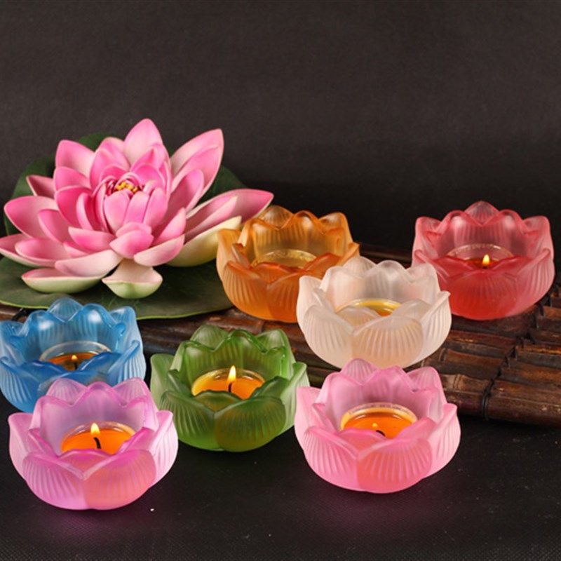 Chân đèn cầy Đựng nến tealight hoa sen thủy tinh lưu li nhiều màu - phật giáo tường thuận