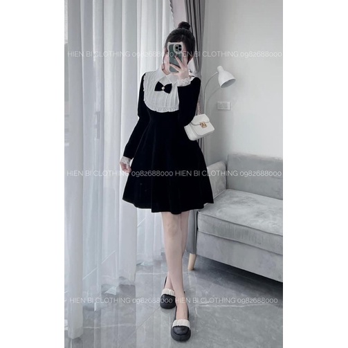 [ 𝐅𝐑𝐄𝐄 𝐒𝐇𝐈𝐏 ] Váy nhung tiểu thư nơ cổ siêu xinh Vải nhung cứng QC cao cấp, đuôi xoè rộng chuẩn mẫu,  khoá lưng dễ mặc