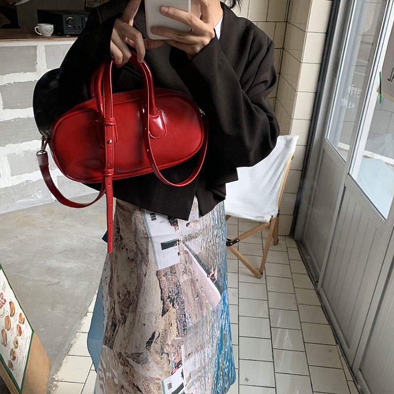 Túi đeo vai nữ YADOU bằng da bóng PU màu đỏ phong cách vintage Hàn Quốc