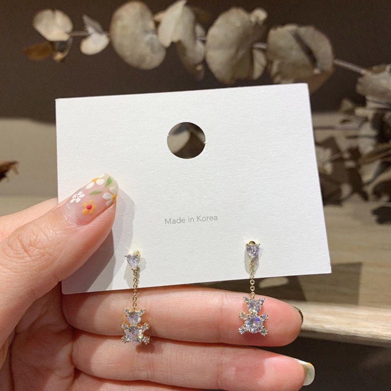 Bông Tai Mạ Bạc 925 Hình Gấu Đính Pha Lê Tua Rua Dễ Thương