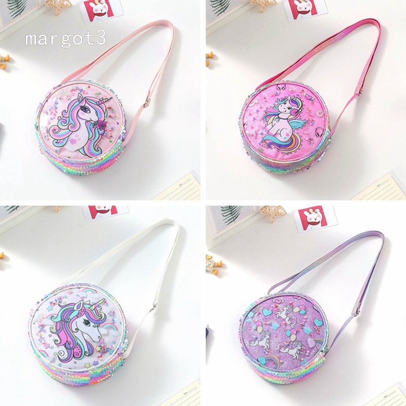 Túi Xách Đeo Vai Hình Tròn Màu Cầu Vồng Họa Tiết Kỳ Lân Lấp Lánh Dễ Thương Cho Bé Gái