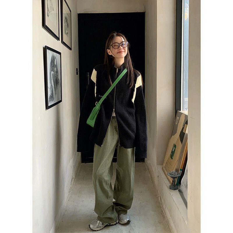 Áo Khoác Cardigan Dáng Rộng Mềm Mại Phối Màu Tương Phản Kiểu Retro Nhật Bản Thời Trang Thu Đông Cho Nữ