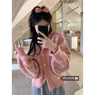 Áo cadigan len hồng dáng ngắn