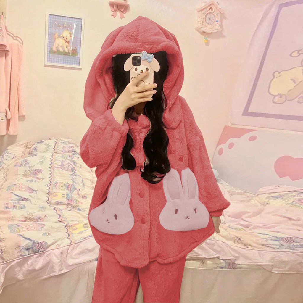 Bộ Ngủ NỮ hồng lông Tai Thỏ Túi Trắng Lông cừu dày mịn,giữ nhiệt tốtbộ thu đông mặc nhà