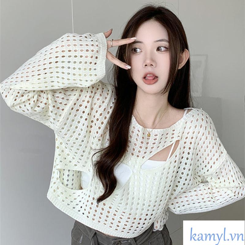 Kamyl🌸 Áo croptop dệt kim tay dài chống nắng thời trang phong cách Hàn Quốc cho nữ Áo croptop dệt kim tay dài  áo khoác ngoài sành điệu | BigBuy360 - bigbuy360.vn