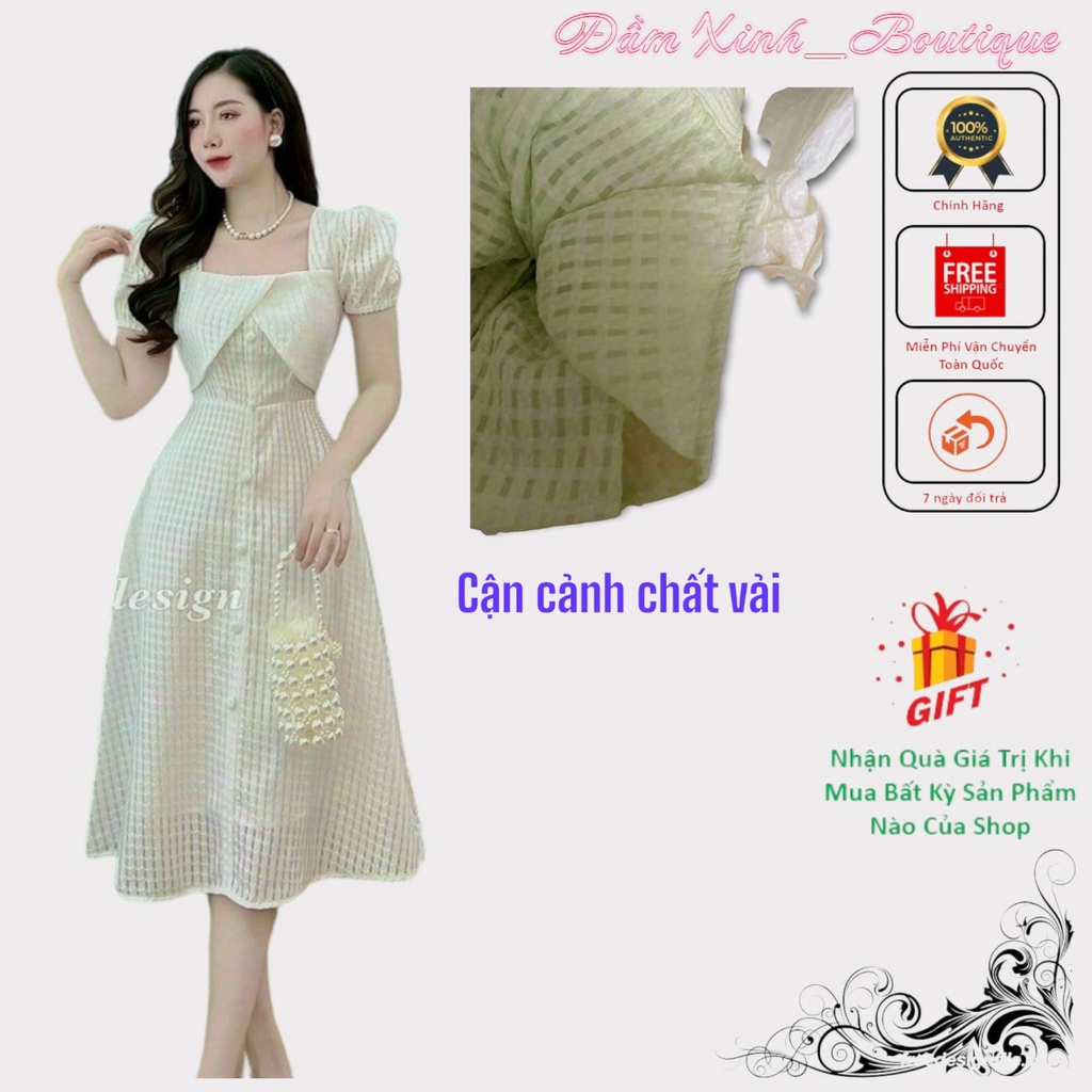 Váy đầm cổ vuông cúc bọc chất vải xô y hình thời trang quý phái SDX04