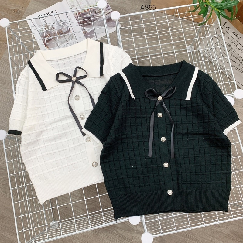 Áo len dệt kim cổ bẻ đính nút dọc-Nhím Xù shop