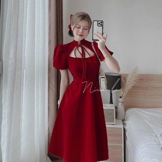 Đầm nhung dáng xoè cột nơ tay phồng ❤️