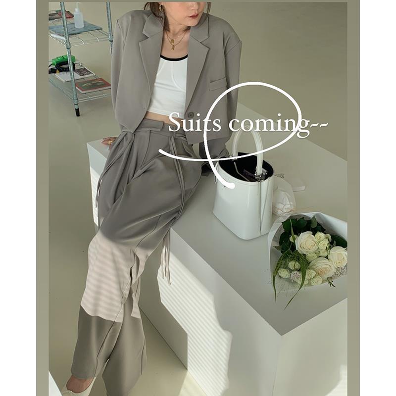 blazer nữ bigsize dày áo khoác hàn quốc Bộ Áo Khoác Mỏng Ngắn Màu Xám Kèm Quần Dài Thời Trang Đường Phố Mùa Thu Cho Nữ