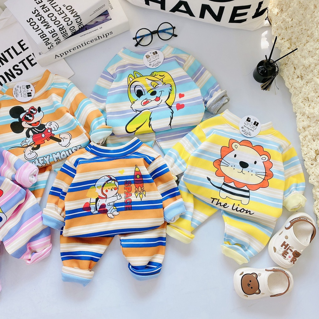 Đồ Bộ cho bé, quần áo nỉ bông dài tay kẻ ngang in hình chuột micky Q001