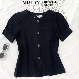 Áo Nữ NHẬT VY Cổ Tròn Nút Gỗ Tay Phồng Chất Lụa Xước Màu Trắng, Đen, Vàng - D2056
