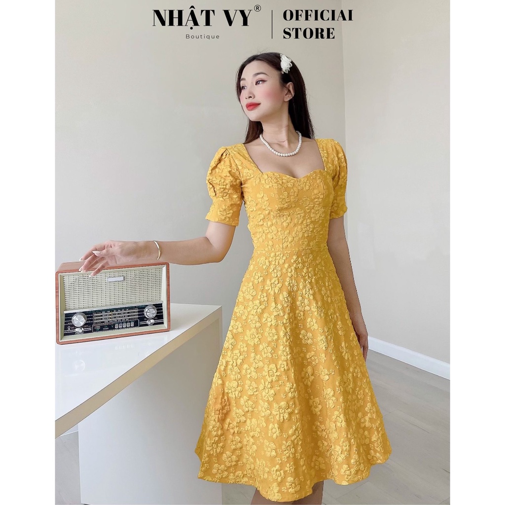Đầm Hoa Mai NHẬT VY Tay Phồng Chất Tapta Thun Đi Tiệc Màu Vàng, Hồng, Đỏ, Đen - D1849