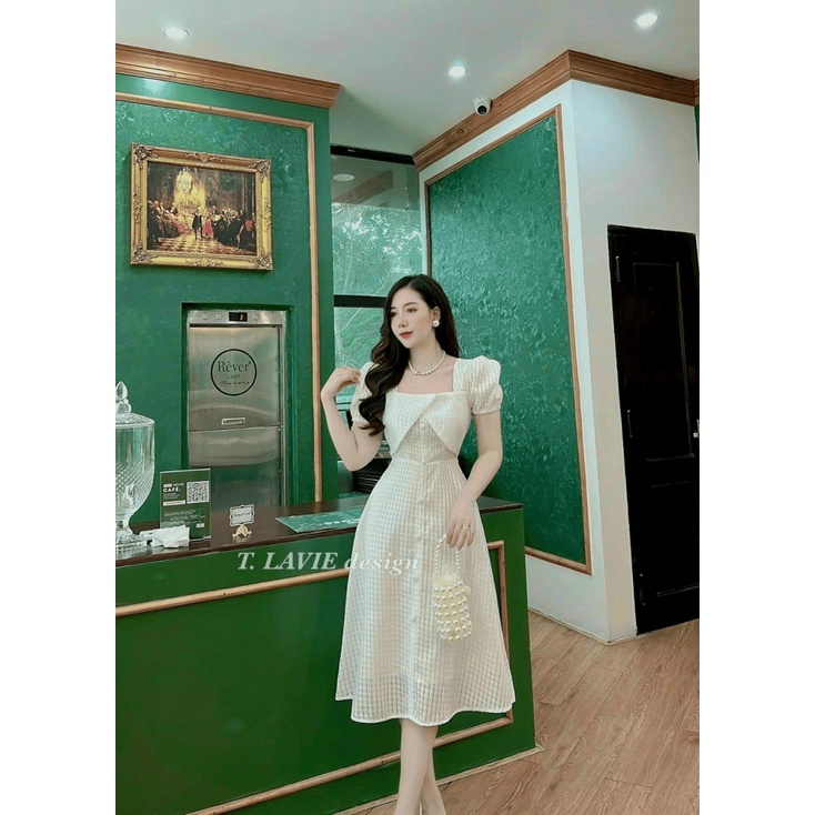 Váy đầm nữ dáng xòe tay phồng nút bọc cổ vuông  thích hợp đi chơi dự tiệc cực sang MIDU FASHION VALENT