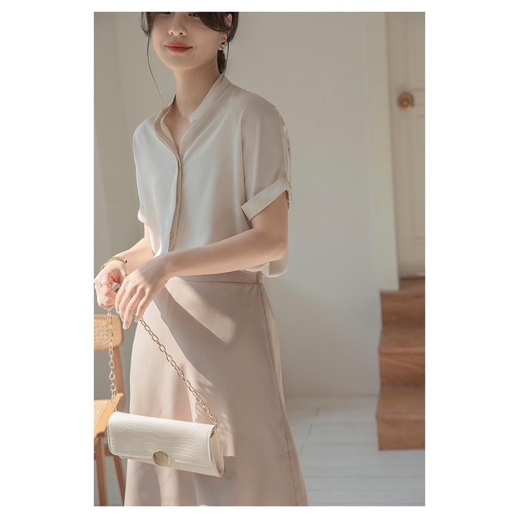MS964 Áo sơ mi nữ trắng cổ trụ vắn tay thanh lịch