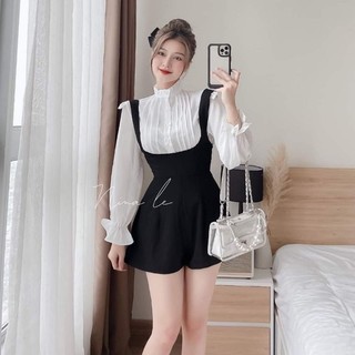 Set yếm quần short đen kèm áo sơ mi bèo